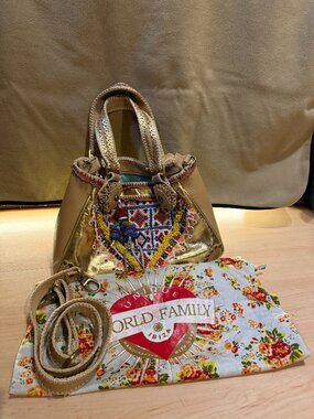 World Family Ibiza Gold Leather Beaded Handbag Crossbody Bag W/ Dust Bag EUC